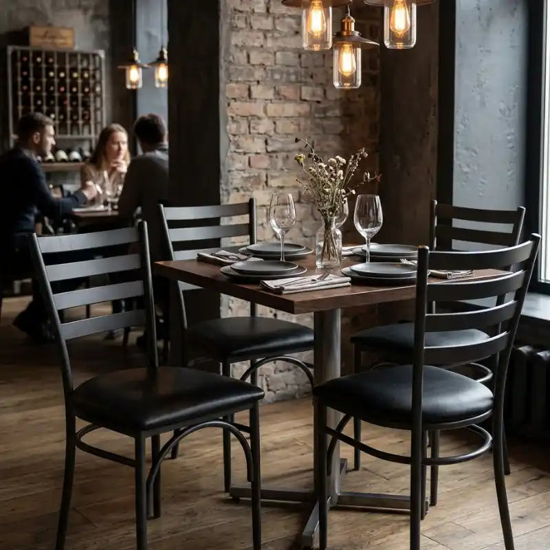 Sillas de metal omega con tapizado negro instaladas en restaurante de la Zona Hotelera Cancún, Quintana Roo — Quantum Espacios Funcionales