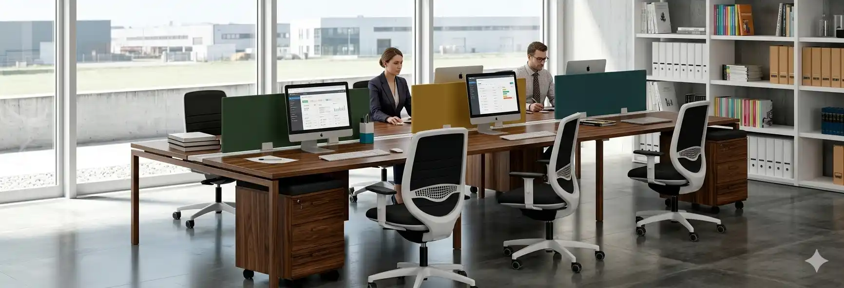 Mobiliario para oficina en Ciudad de México — estaciones de trabajo corporativas en madera nogal con sillería operativa mesh, mamparas divisorias de escritorio y libreros organizados en espacio corporativo moderno con luz natural, fabricado a medida por Quantum Espacios Funcionales en CDMX