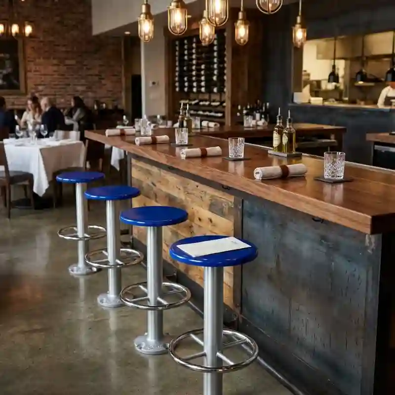 Mobiliario comercial para restaurante en Cancún, Quintana Roo — barra con bancos de acero y cubierta de madera rústica para espacios gastronómicos de alta rotación