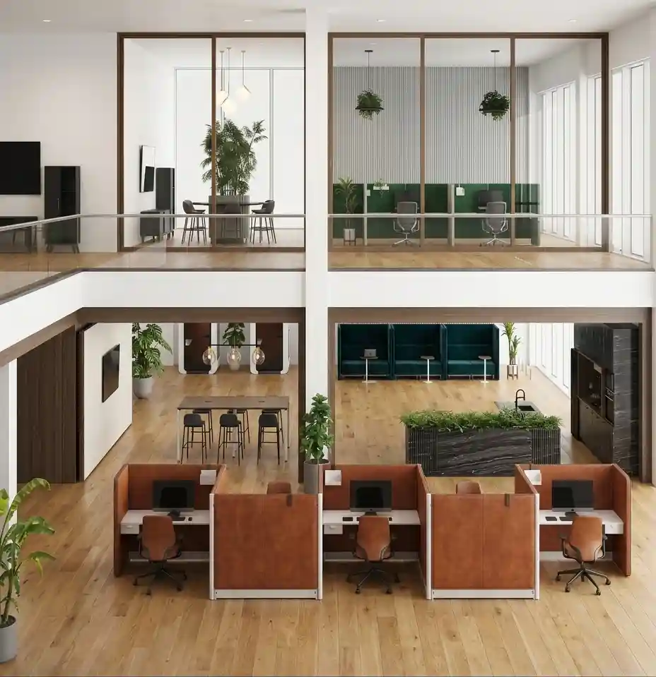 Proyecto de mobiliario corporativo colaborativo en Lomas de Chapultepec, Ciudad de México — espacio de doble altura con estaciones de trabajo con mamparas en cuero terracota, zona de reunión informal, pods de trabajo privado y áreas de descanso para empresa tecnológica en trabajo híbrido, diseñado y fabricado a medida por Quantum Espacios Funcionales en CDMX