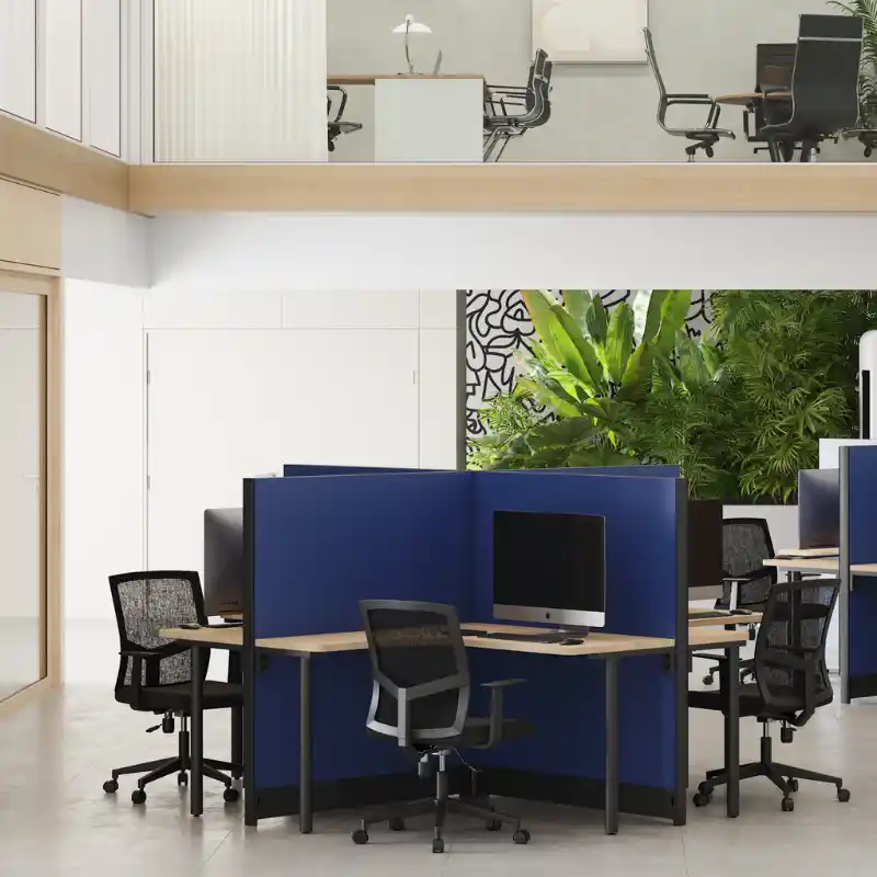 Proyecto de mobiliario para coworking en Playacar, Playa del Carmen, Quintana Roo — instalación completa de estaciones de trabajo, mamparas azules y sillería operativa para espacio de trabajo compartido en Solidaridad, El Cielo Playa del Carmen y Zazil-Ha