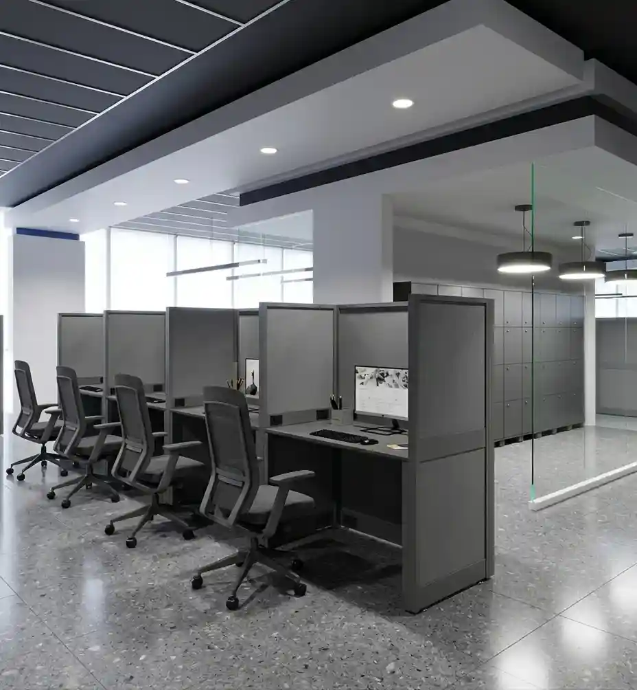 Proyecto de estaciones de trabajo corporativas en Santa Fe, Ciudad de México — sistema de cubículos con mamparas altas en gris antracita, sillería ejecutiva con mesh y lockers modulares para empresa de consultoría financiera, más de 120 puestos equipados a medida por Quantum Espacios Funcionales en CDMX