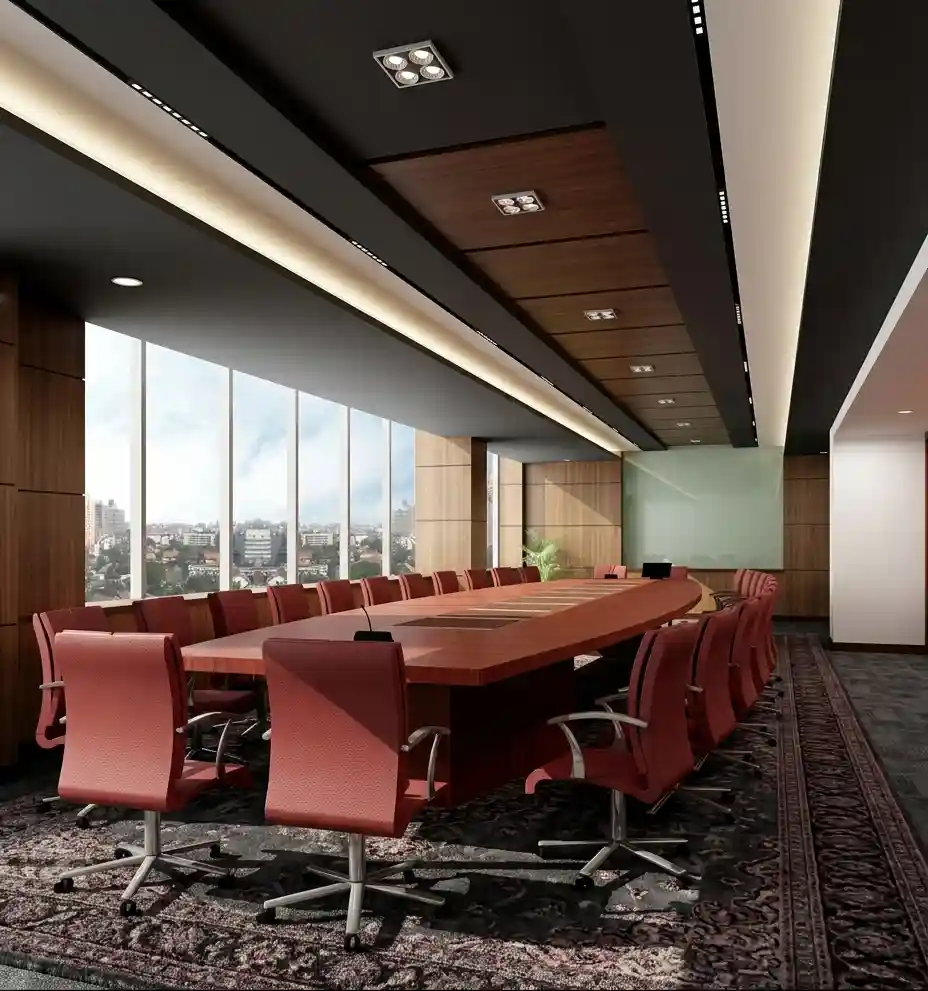 Proyecto de mobiliario para sala de juntas en Polanco, Ciudad de México — mesa oval ejecutiva en madera caoba con sillería directiva tapizada en cuero rojo para prestigioso despacho jurídico, con ventanales panorámicos y acabados premium, fabricado a medida por Quantum Espacios Funcionales en CDMX