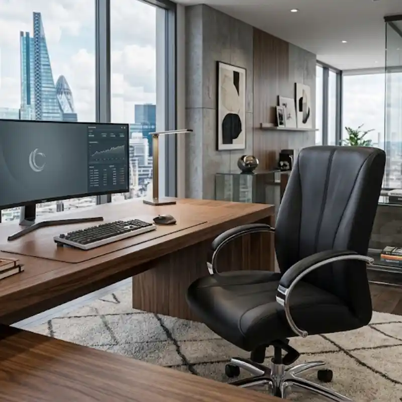 Sillería directiva para oficina en Ciudad de México — silla directiva tapizada en cuero negro con respaldo alto, base cromada y reposabrazos en despacho ejecutivo con vista panorámica a la ciudad, Quantum Espacios Funcionales CDMX