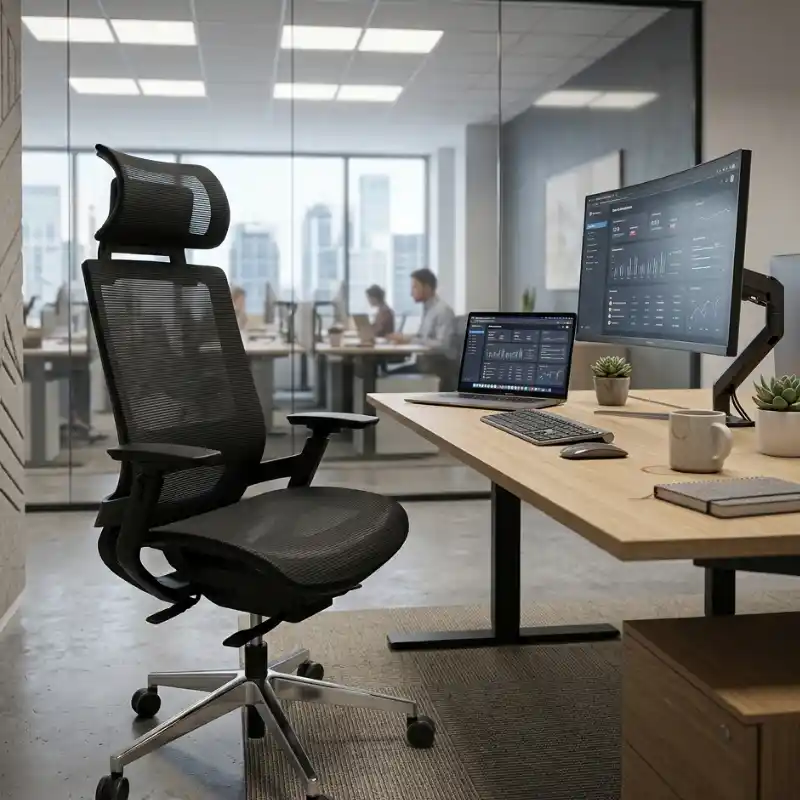 Sillería operativa ergonómica para oficina en Cancún, Quintana Roo — silla de trabajo en malla negra con reposacabezas para empresas en Benito Juárez, Solidaridad, Tulum y la Riviera Maya