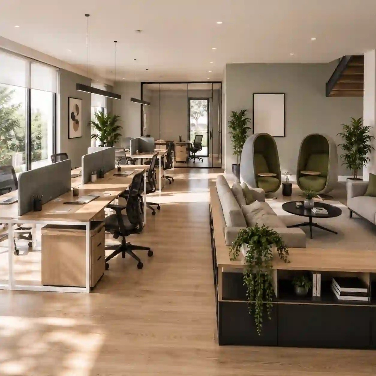 Agencia de Marketing en Narvarte Poniente | Open Space Creativo CDMX Agencia de marketing en Narvarte Poniente con open space de 48 estaciones en maple y negro, mamparas bajas, zona lounge con pods verdes y área colaborativa