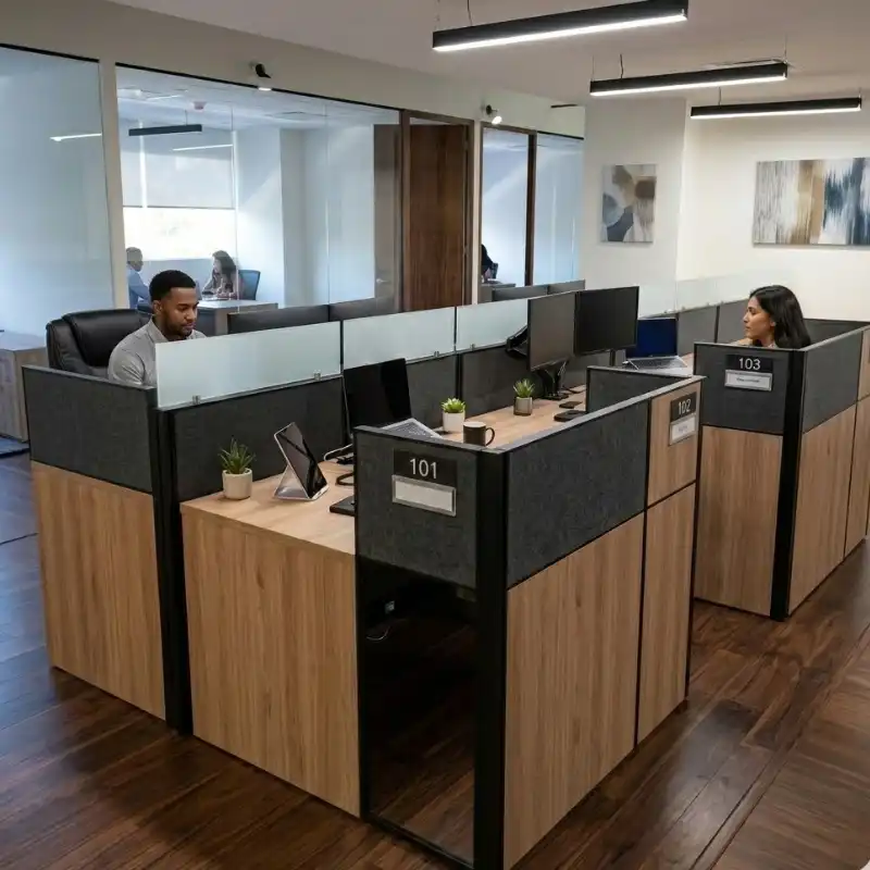Estaciones colaborativas en corporativo tecnológico de Colonia Juárez con cubículos modulares en madera, mamparas bajas y trabajo híbrido