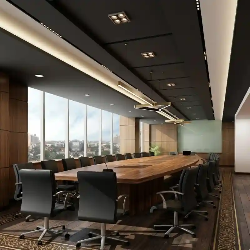 Sala de juntas para despacho legal en Tabacalera con mesa de conferencias para 16 personas en madera, sillería ejecutiva con mesh y vista panorámica
