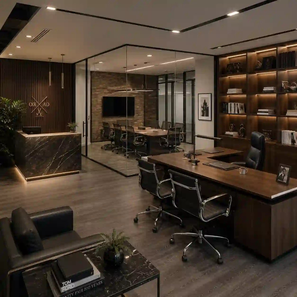 Firma Jurídica en Nápoles | Sala de Juntas y Despachos Privados CDMX Firma jurídica en Nápoles CDMX con despacho privado en chapa de nogal, escritorio ejecutivo, librero de piso a techo iluminado y recepción en mármol sintético