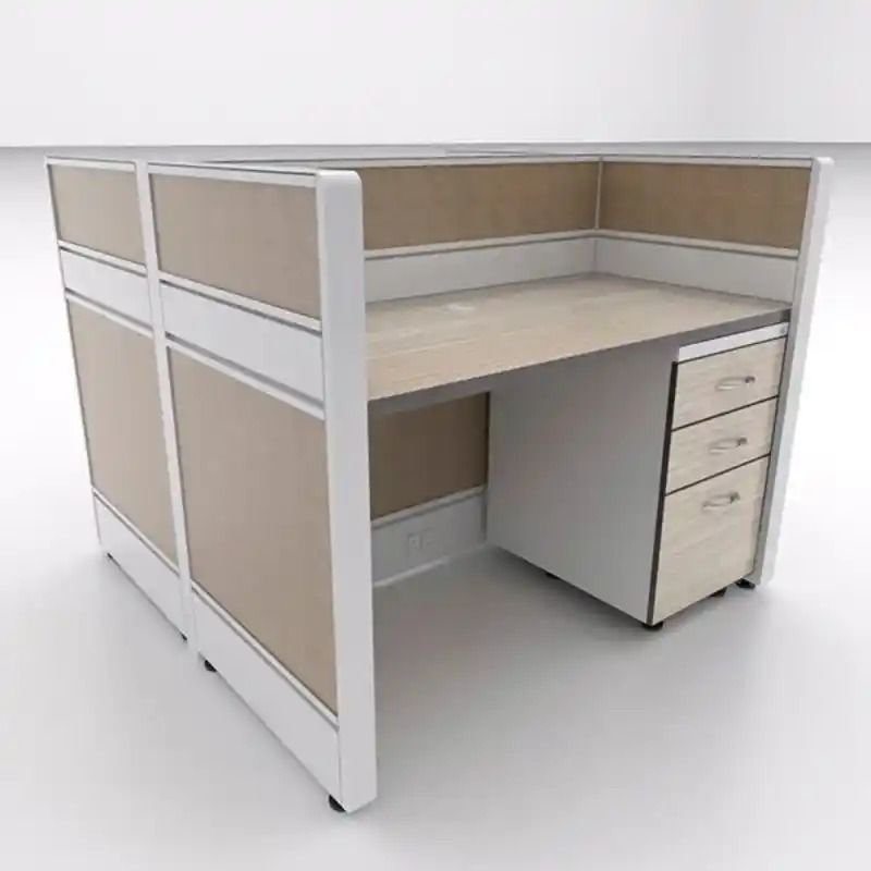 Mamparas para Oficina en Del Valle y Portales Norte | Quantum Espacios Funcionales Benito Juárez Mamparas para oficina en Alcaldía Benito Juárez con sistema modular en L, paneles de tela técnica beige en dos alturas, estructura en aluminio blanco, superficie en maple y pedestal móvil de 3 cajones para corporativos en Del Valle y Portales Norte