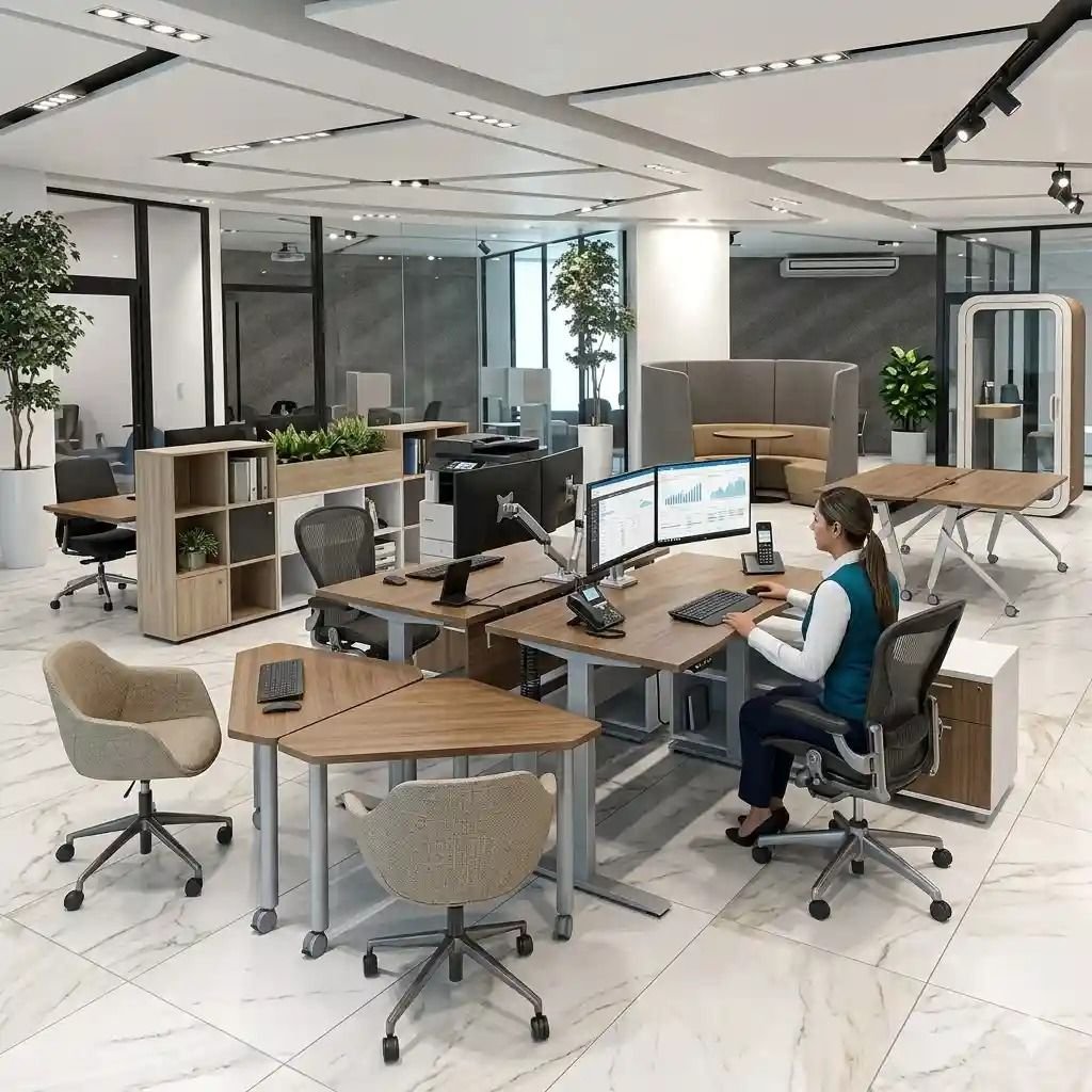 Mobiliario Multipropósito para Trabajo Híbrido en Narvarte y Álamos | Quantum Benito Juárez Mobiliario multipropósito para trabajo híbrido en Alcaldía Benito Juárez con escritorios ajustables en altura, cabina acústica individual, zona lounge, estantería abierta con plantas y mesa auxiliar con ruedas para empresas en Narvarte, Álamos y General Anaya