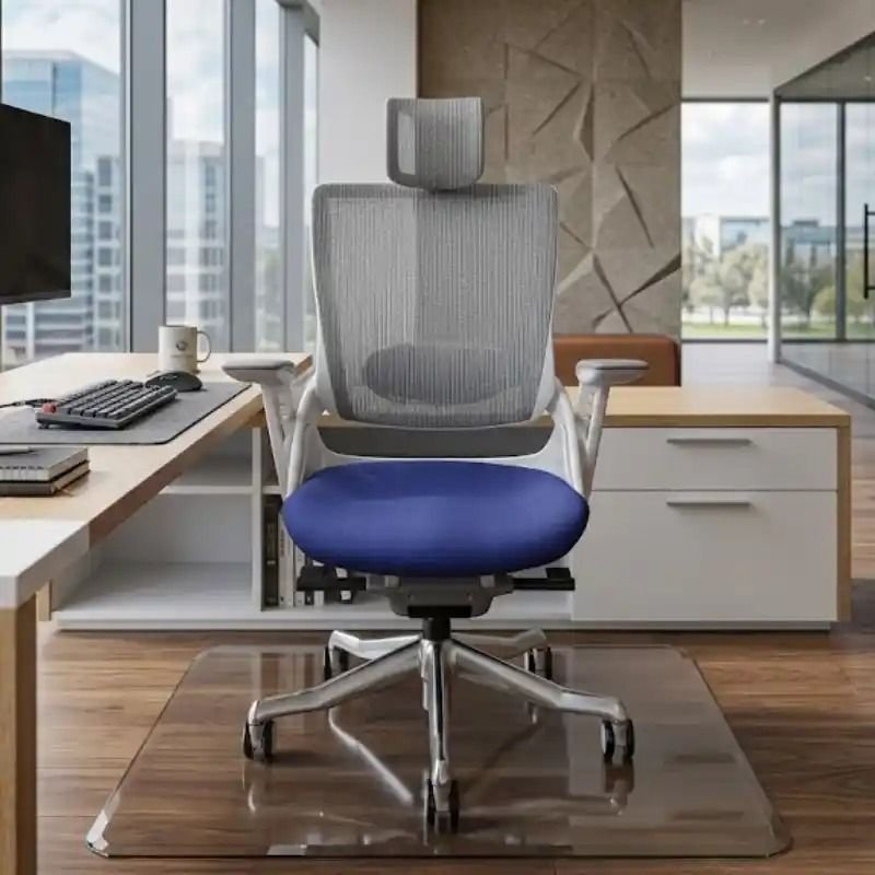 Sillería Directiva con Mesh para Del Valle y Actipan | Quantum Espacios Funcionales Benito Juárez Sillón directivo con mesh gris transpirable, reposacabezas ajustable, asiento en azul marino y base de aluminio en despacho corporativo de Del Valle, Actipan y Extremadura Insurgentes, Alcaldía Benito Juárez